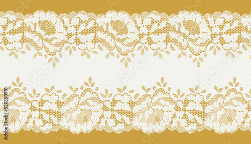 White Lace Ribbon Trim With Big Flower on yellow background.