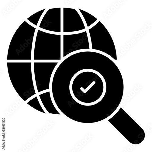 Globe with magnifying glass, icon of global research