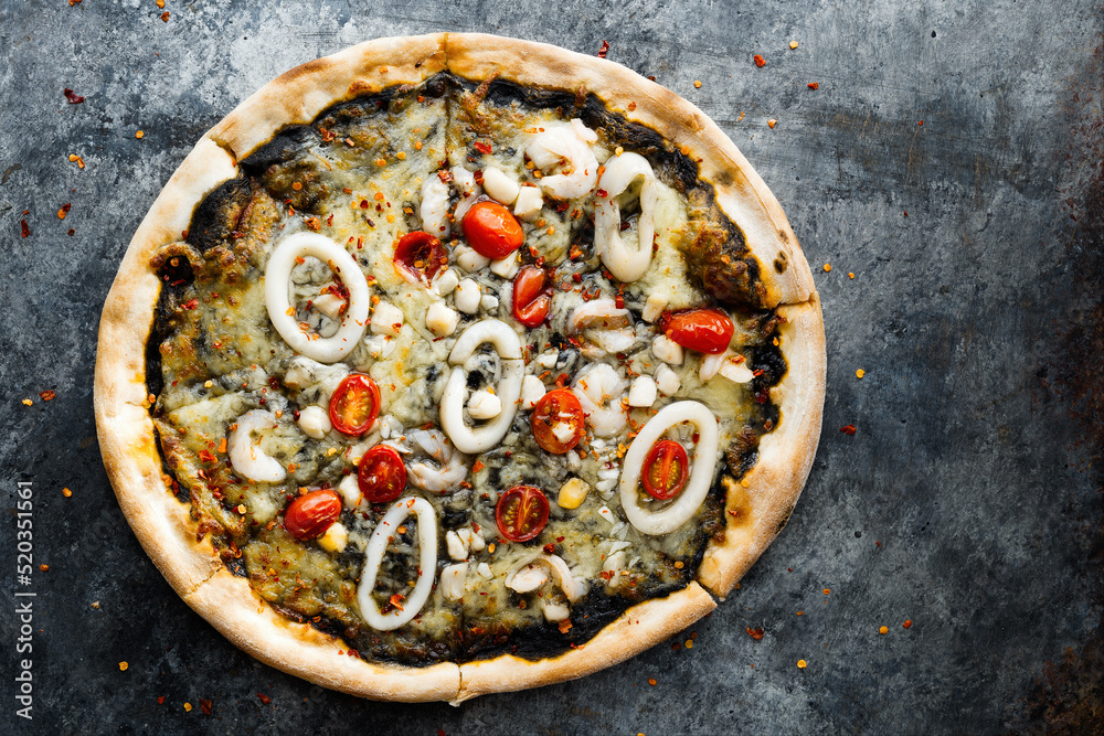 rustic italian squid ink black seafood pizza