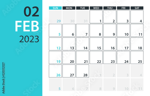 February 2023 Calendar Planner - Vector. Template Mock up