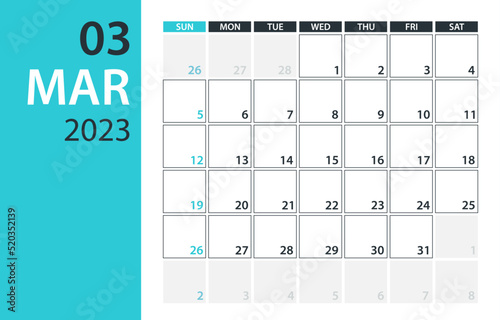 March 2023 Calendar Planner - Vector. Template Mock up