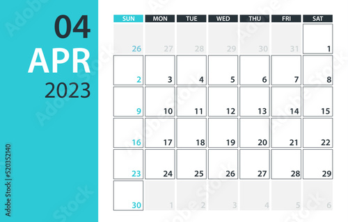 April 2023 Calendar Planner - Vector. Template Mock up