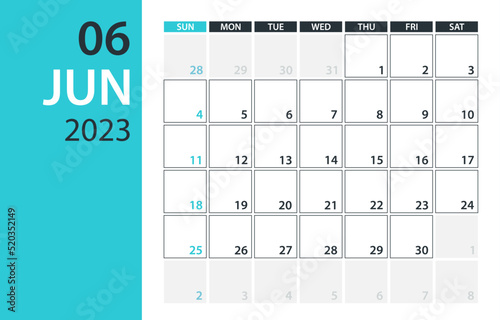 June 2023 Calendar Planner - Vector. Template Mock up