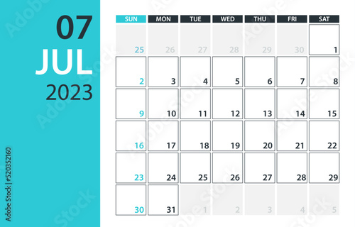 July 2023 Calendar Planner - Vector. Template Mock up