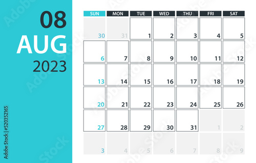 August 2023 Calendar Planner - Vector. Template Mock up