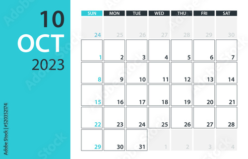 October 2023 Calendar Planner - Vector. Template Mock up