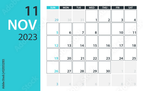 November 2023 Calendar Planner - Vector. Template Mock up