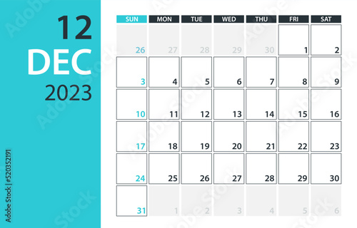 December 2023 Calendar Planner - Vector. Template Mock up