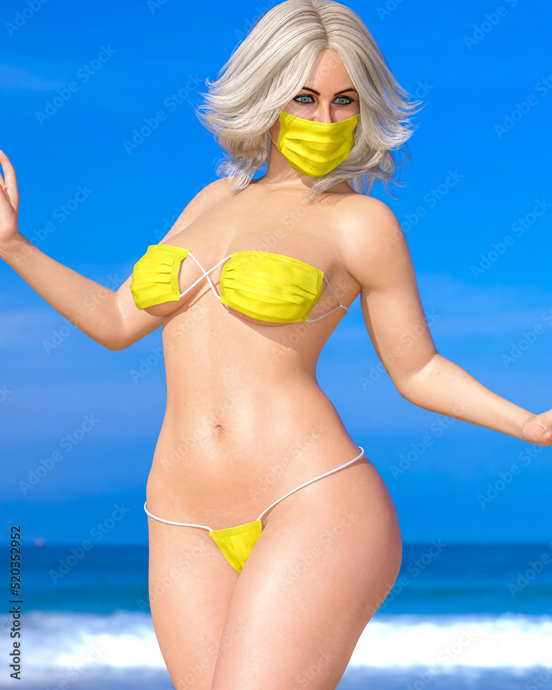 Naklejka premium Woman swimsuit in medical mask on beach.