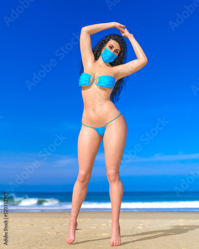 Woman swimsuit in medical mask on beach.