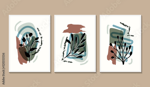 Set of 3 aesthetic wall art poster with monsterra leaves and abstract shapes element photo