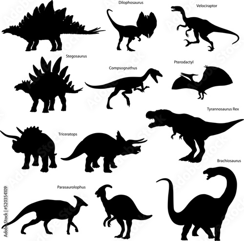 Silhouette images of dinosaurs  figure  silhouette  symbol  sign  cheerful  wild nature  trademark  isolated  black  white  contour  prehistoric  packaging and posters  outline  poster design