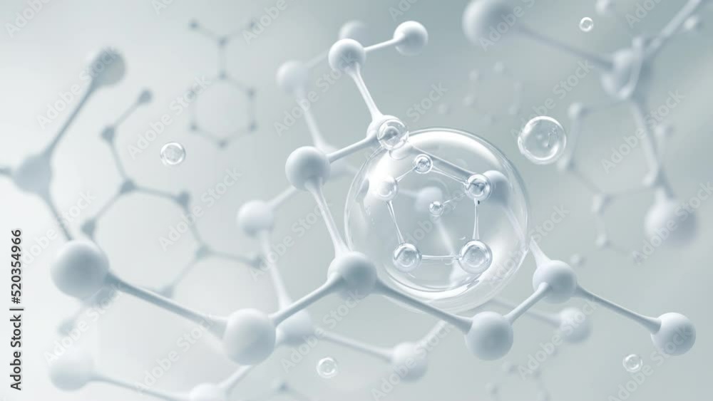Molecule inside Bubble, Cosmetic Essence, Liquid drop on a Science background, 3d animation.