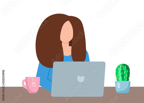 Young woman with long dark hair works with laptop. Working and education from home concept. Office employee. Faceless illustration. Print for web, advertising or social media. 