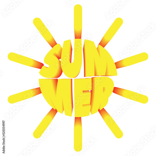 Summer lettering in the shape of sun. Positive illustration, vacation and beach spirit. Print for sticker, clothes, cards, gifts, design and decor. Seasonal illustration, 3d shapes. 