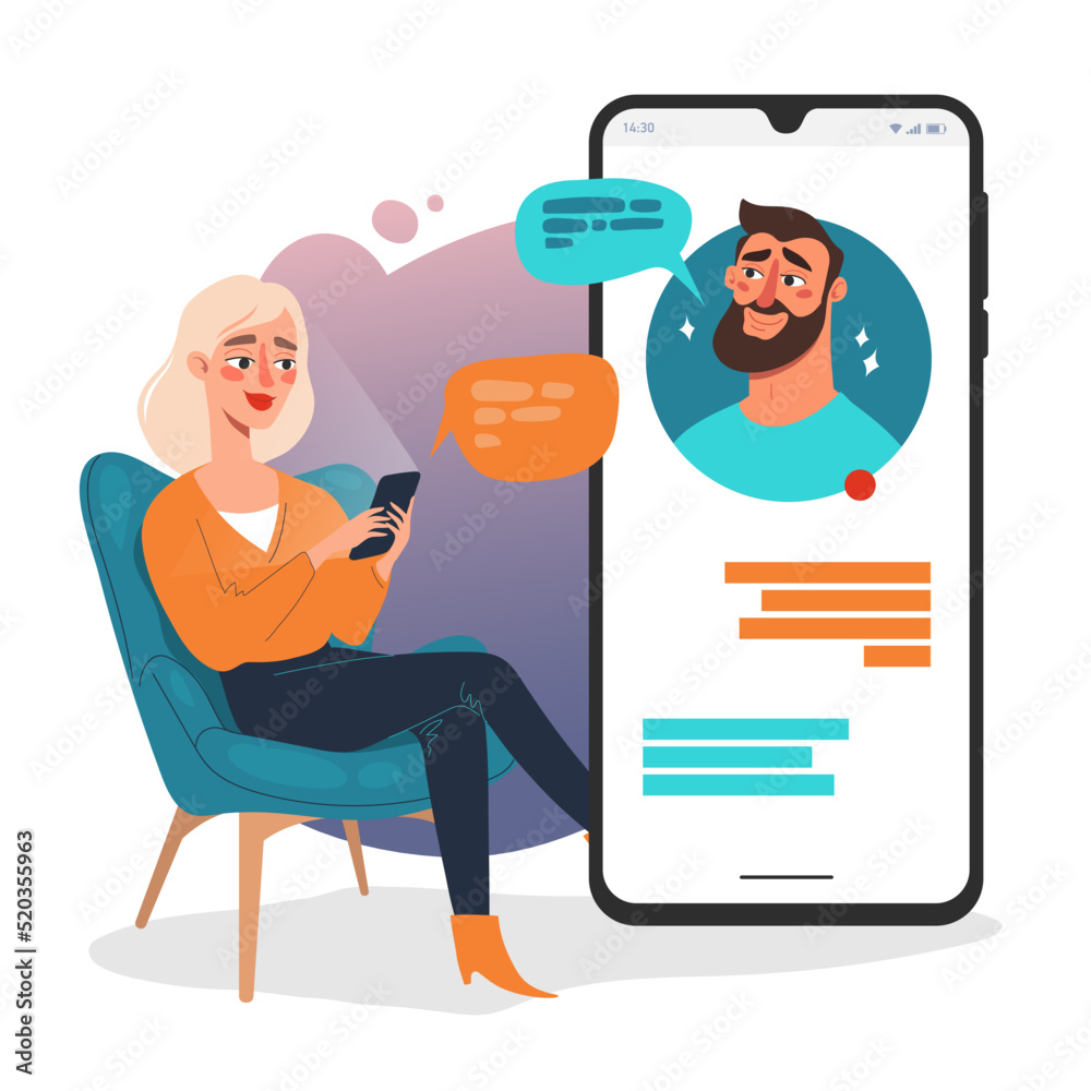 Online dating app concept. Communication with smartphone, vector illustration