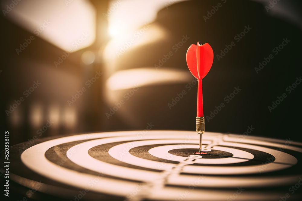 Fototapeta premium Bullseye or Bulls eye target or dartboard has dart arrow throw hitting the center of a shooting for financial business targeting planning and aim to winner goal of business concept.