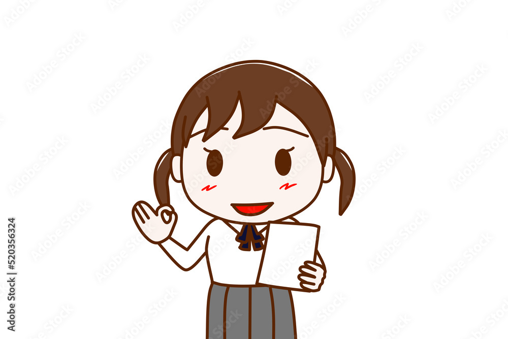 （上半身正面）書類を見て笑顔でバッチリの手をする女子学生