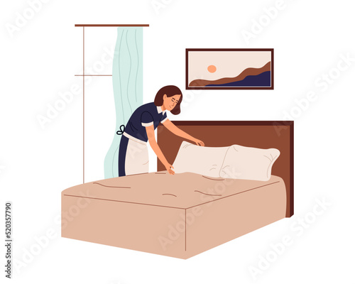 Housekeeper in uniform cleaning hotel room. Maid woman changing bedding. Housekeeping service concept. Color flat vector illustration isolated on white background