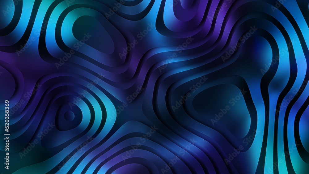 3d render, abstract iridescent blue background, metallic texture with smooth shapes and wavy lines