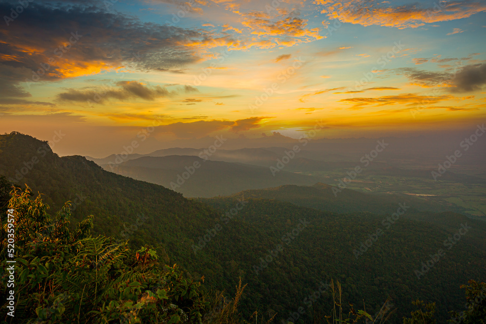 beautiful mountain scenery and beautiful sky in the morning,mountains under morning mist amazing natural scenery kerala style Country tourism gods and tourism concept images, fresh and relaxing nature