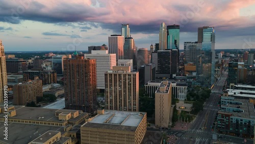Minneapolis, Minnesota - Downtown Sunset Aerial Hyperlapse photo