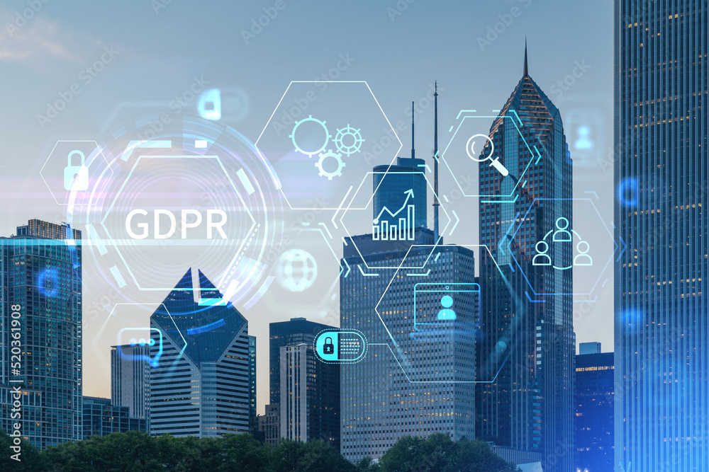 Fototapeta premium Chicago skyline from Butler Field to financial district skyscrapers at sunset, Illinois, USA. Parks and gardens. GDPR hologram, concept of data protection regulation and privacy for individuals