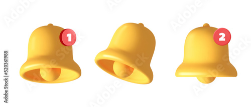 Collection of 3d vector yellow notification bell with red round new message icon design. Social media notice or alert event reminder, notification message concept art.