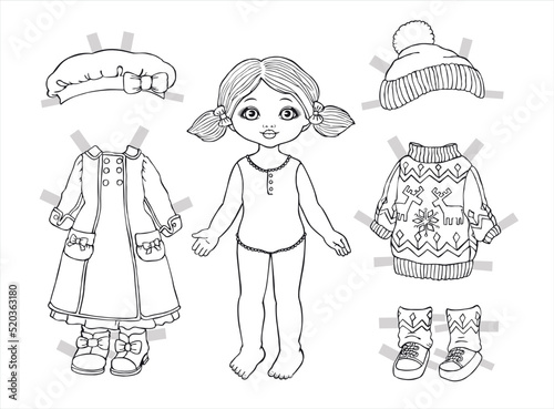 Beautiful paper doll, great design for any purposes. Fashion clothes set.  Vintage retro. Cartoon style. Paper cut style. Old paper. Fashion look woman outfit. Fashion model.