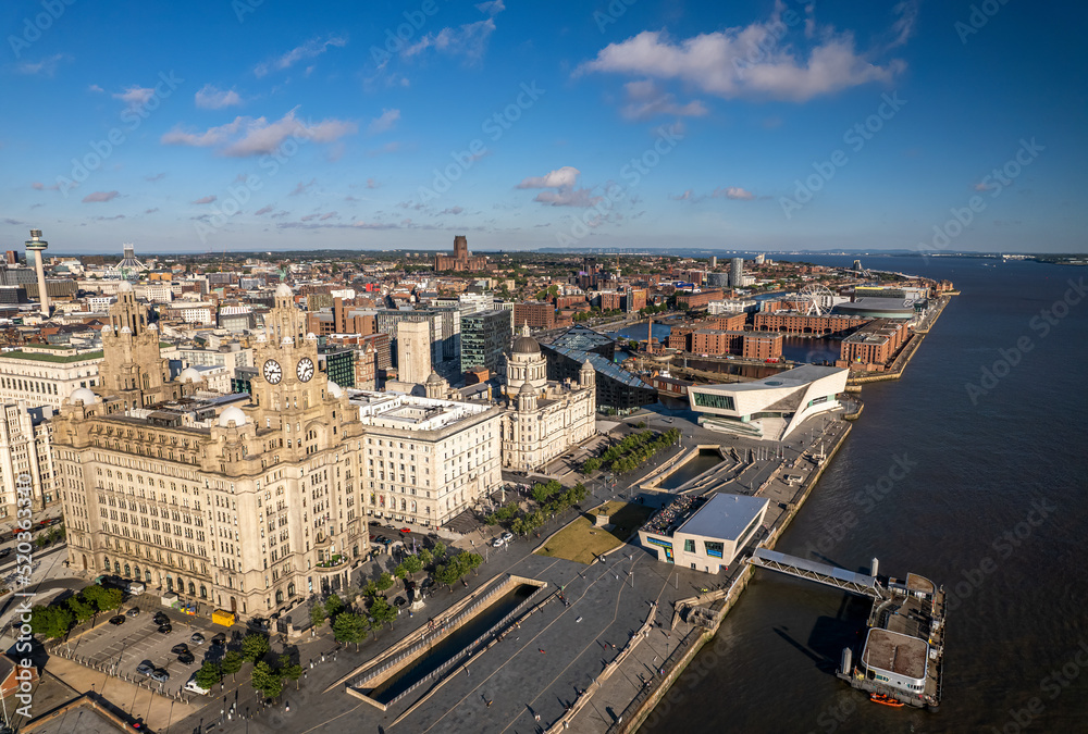 The drone aerial view of the city of Liverpool in England, United Kingdom.