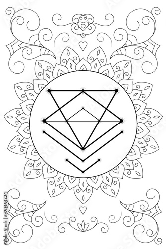 Sacred geometry zentangle inspired design template with oriental tribal ornaments. Black and white coloring book style ornamental new age art.