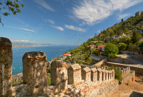 View of the fortress wall of the city of Alanya and the Mediterranean Sea