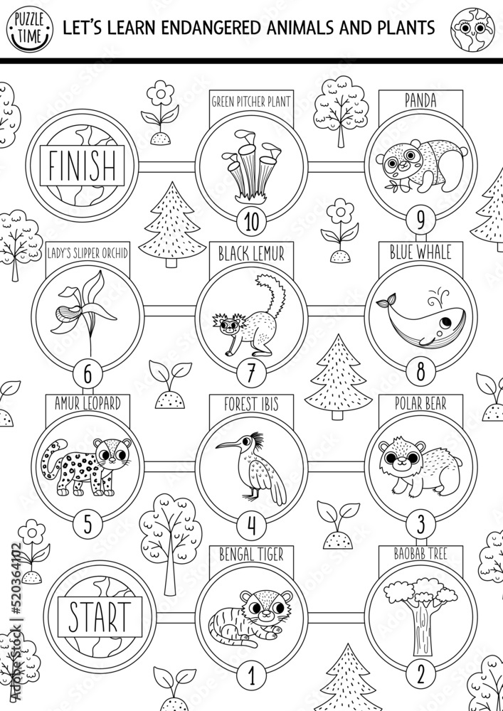 Ecological black and white dice board game for children with endangered animals and plants. Earth day line boardgame. Printable activity or worksheet. Eco awareness coloring page
