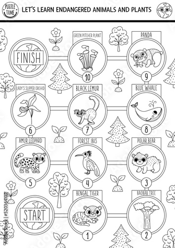 Ecological black and white dice board game for children with endangered animals and plants. Earth day line boardgame. Printable activity or worksheet. Eco awareness coloring page
