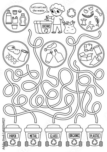 Ecological black and white maze for children with kid sorting out the rubbish. Earth day preschool activity. Eco awareness labyrinth game. Nature protection printable coloring page 