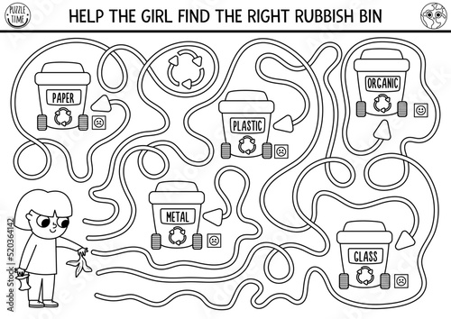 Ecological black and white maze for children with girl sorting out the rubbish. Earth day preschool activity. Eco awareness labyrinth coloring page. Nature protection printable worksheet
