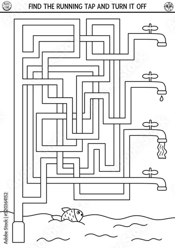 Ecological black and white maze for children with water saving concept. Earth day preschool activity with running tap. Eco awareness labyrinth game or coloring page with water pipes, faucets
