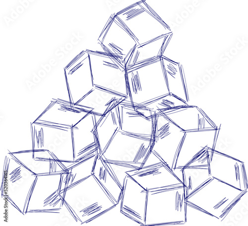 Hand drawn line ice cube, sugar, toys. Cold pieces, pieces of ice,  doodle sketches. The review is illustrated with cubes. Vector illustration with cubes.