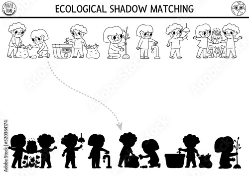 Ecological black and white shadow matching activity with kids caring of environment. Earth day puzzle. Find correct silhouette printable worksheet or game. Eco awareness coloring page for kids
 photo