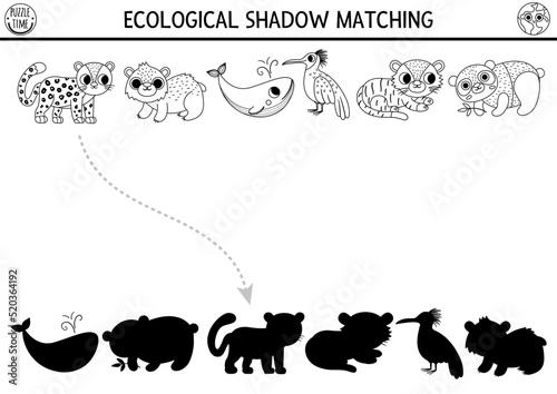 Ecological z black and white shadow matching activity with endangered species. Earth day puzzle. Find correct silhouette printable worksheet or game. Eco awareness coloring page for kids
