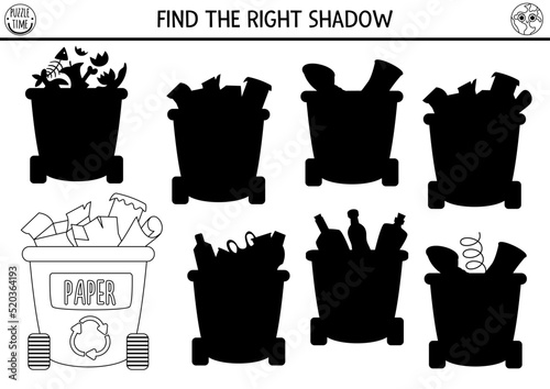 Ecological black and white shadow matching activity with waste sorting concept. Earth day puzzle. Find correct silhouette printable worksheet or game. Eco awareness coloring page for kids
