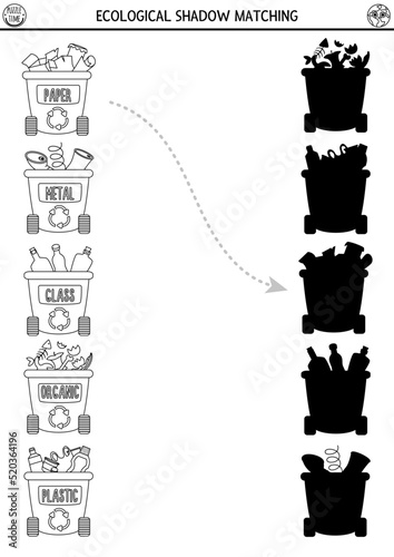 Ecological black and white shadow matching activity with waste sorting concept. Earth day puzzle. Find correct silhouette printable worksheet or game. Eco awareness coloring page for kids