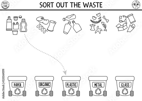 Ecological black and white matching activity with waste sorting concept. Earth day puzzle. Printable worksheet or game. Sort out the waste. Eco awareness coloring page for kids