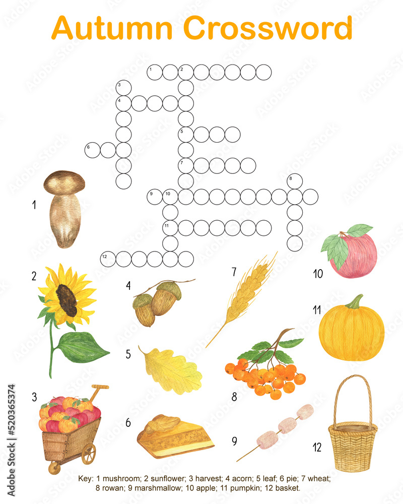 Fall seasonal crossword word search puzzle, autumn watercolor