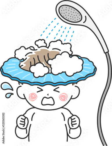 シャンプーハットをつけて、シャワーで髪を洗う、泣いている子どものイラスト