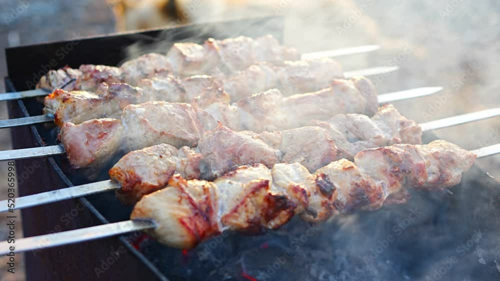 Close-up of grilling tasty dish on barbecue. Process of cooking yummy shashlik in nature. Delicious food on metal skewer in bbq. Time to picnic concept. Close-up of grilling tasty dish on barbecue. Process of cooking yummy shashlik in nature. Delicious food on metal skewer in bbq. Time to picnic concept.