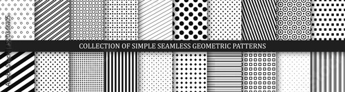 Collection of vector geometric seamless patterns. Simple striped and dotted textures - repeatable backgrounds. Black and white unusual design, minimalistic textile prints