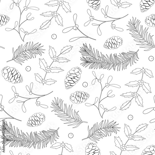 Seamless pattern for Merry Christmas Holiday decor. Black and white background with mistletoe, holly plant, cones and coniferous branches. Backdrop for social media, coloring book, banner design.