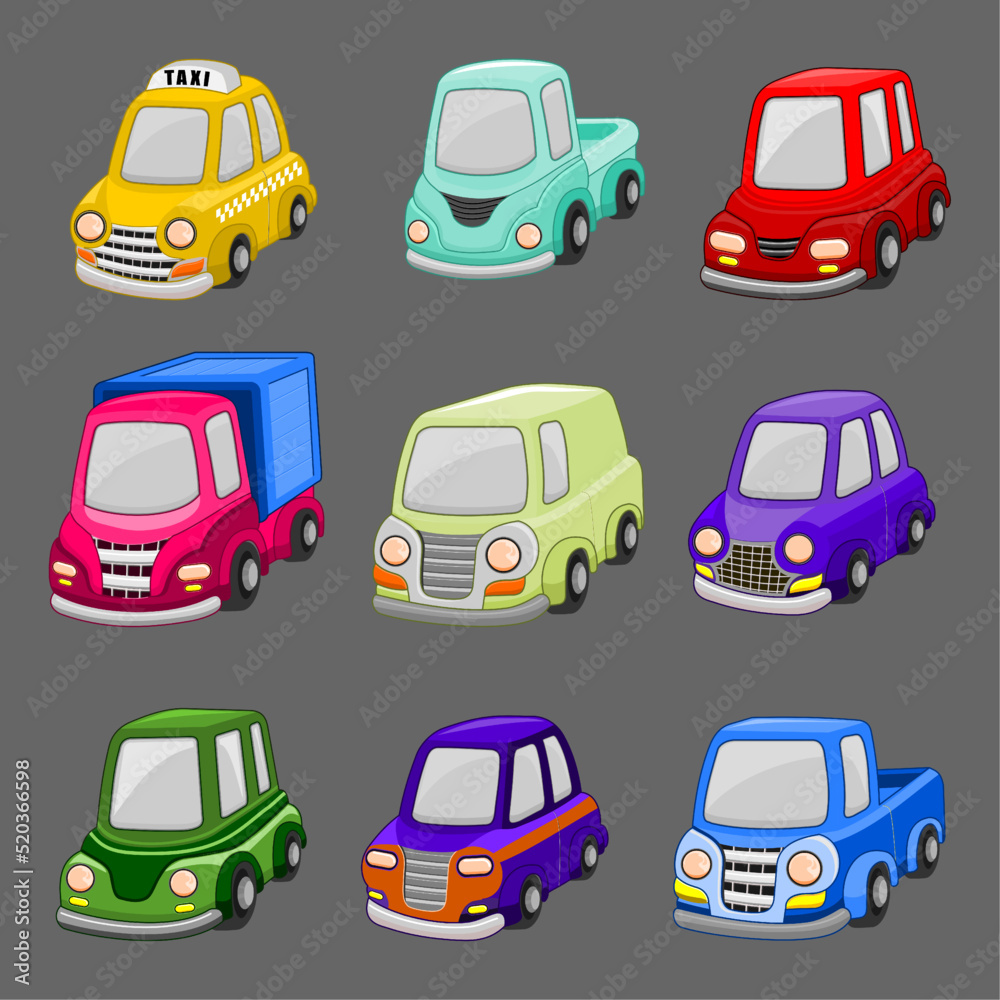 set a collection of cartoon cars with different models and colors and cutely shaped adorable
