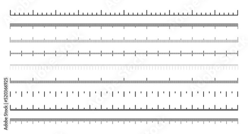 Various measurement scales with divisions. Realistic scale for measuring length or height in centimeters, millimeters or inches. Ruler, tape measure marks, size indicators. Vector illustration